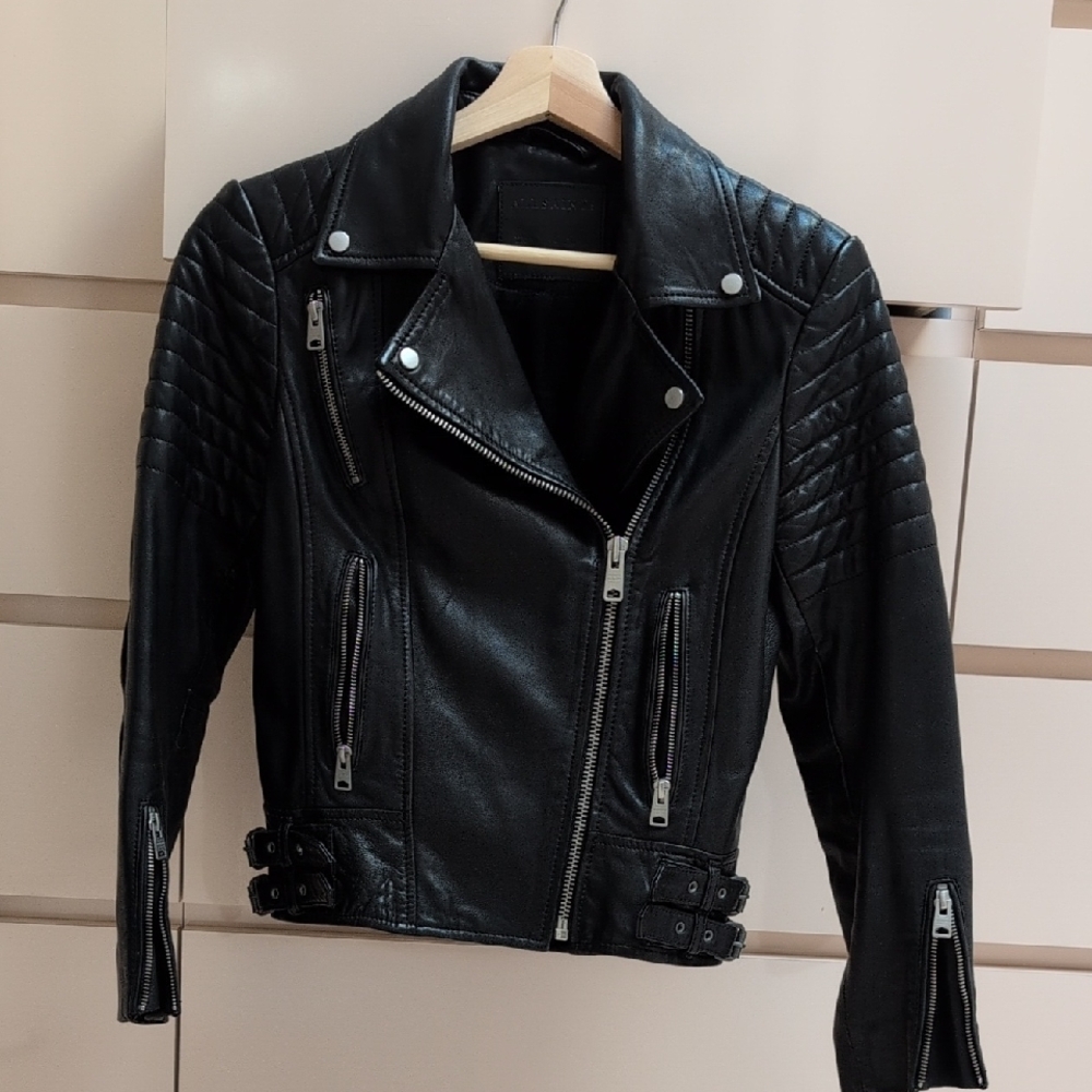 All Saints Quilted Black Leather Jacket